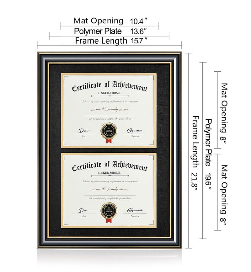ELSKER&HOME Wood Picture Frame, 16.73x22.64in, Double Mat Black Mat with Golden Rim, Document Frame for 2 8.5x11in Certificates, Diploma, Wall Mount - Image 4